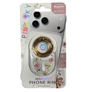 Pink Sky Magnetic Phone Ring Grip Stand MagSafe Compatible Dried Flower Gold NEW
